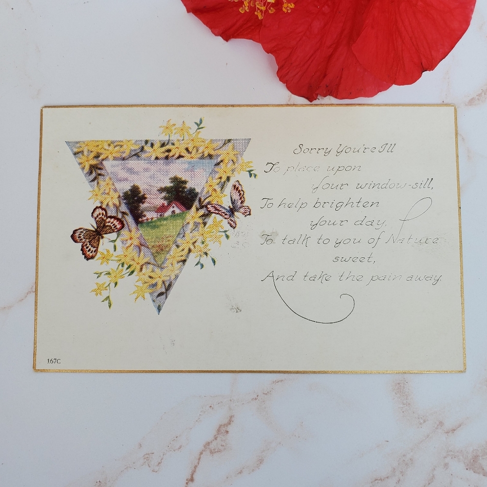 Vintage postcard 'Sorry you're ill'...metallic gold edge 1912? get  well soon